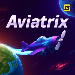 Aviatrix crash game with purple airplane flying over earth in outer space